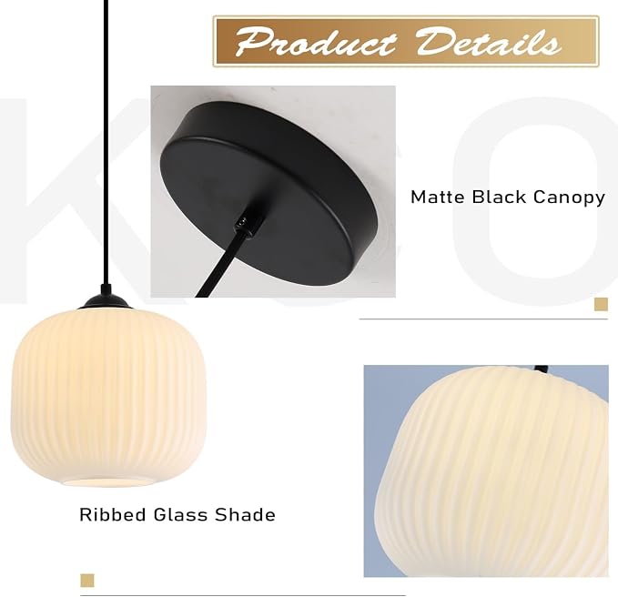 KCO Lighting Small Vintage 7.9” Black White Milk Ribbed Glass Pendant Light | Adjustable Cord E26 Hardwired Mid Century Modern Hanging Light for Sloped Ceilings Kitchen Island Bar Bedroom Dining Room - Image 3