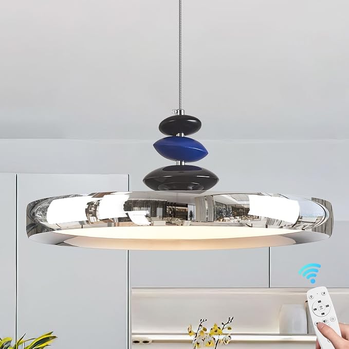 Modern Pendant Lights,Chrome 16" LED Pendant Lighting Fixture with Remote Control Dimmable 3 Color Mode & Brightness, Adjustable Hanging Lamp for Kitchen Dining Room Bedroom Kitchen Island by Unknown