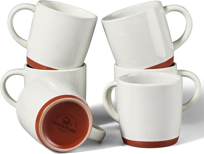 E-far Ceramic Coffee Mug Set of 6, 12oz Stoneware Coffee Cup with Handle, Porcelain Tea Cups, Modern Farmhouse Latte Mug Gift Set for Women & Men, Microwave Safe, Speckled White by E-far