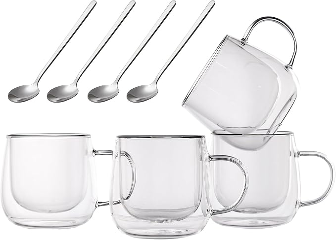 Double Wall Glass Coffee Mugs 10 Oz with Handle - Set of 4 | Insulated Clear Espresso Coffee Mug with Handle, Double Walled Coffee Cups for Cappuccino, Latte, Tea, Hot Drinks by Unknown