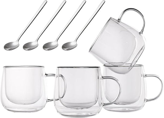 Double Wall Glass Coffee Mugs 10 Oz with Handle - Set of 4 | Insulated Clear Espresso Coffee Mug with Handle, Double Walled Coffee Cups for Cappuccino, Latte, Tea, Hot Drinks by Unknown