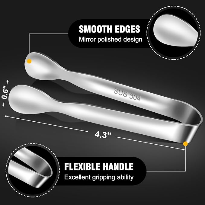 Eddeas Mini Tongs For Serving Food，Set fo 12 Small Tongs For Appetizers，Small Stainless Steel Metal Cooking Tong，for Tea Party Coffee Bar, 4 inch Sugar Tong - Silver - Image 5