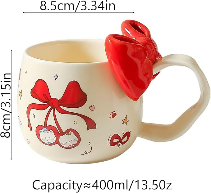 DTIUYIOP-Kawaii Red Bow Cherry Cat Ceramic Coffee Mug with 3D Red Bow and Bow Spoon, Large Curved Handle Cute Kitty Tea Cup, Coquette Aesthetic Gift for Women Girls Birthday Valentine’s Day Christmas - Image 2