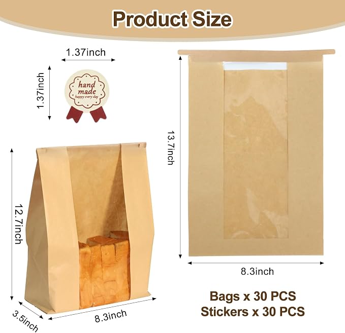 WIKDAY 30PCS Sourdough Bread Bags with Window for Homemade Bread Paper | Tin Tie Tab Lock, with Thank You Seal Sticker, Large, for Baked Food Packaging Storage Gift Giving 13.7x8.3x3.5in Home Baking - Image 2
