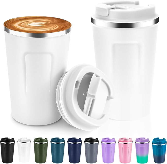 Volhoply 12 oz Double Wall Insulated Vacuum Travel Coffee Mugs with Flip Lid Bulk 2 Pack,Reusable Stainless Steel Leak Proof Coffee Cup,Portable Cafe Thermal Tumbler for Hot & Cold Drinks(White,2 Set) by LiveFully%EF%BC%8CDrinkFreely%E2%80%94KeepGoingwithVolhoply%EF%BC%81