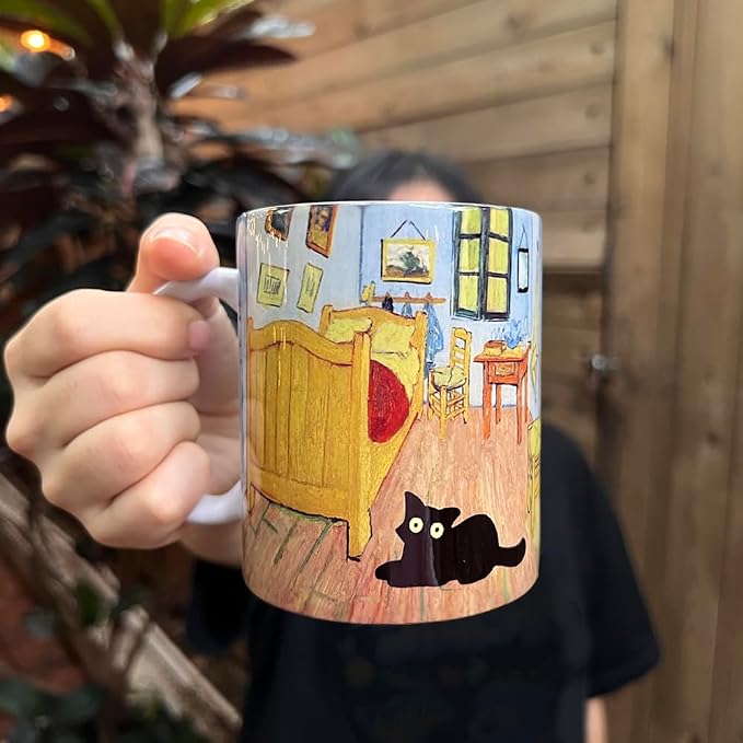 Famous Art Paintings Funny Cat Coffee Mug for Artist Art Lover Teacher Cat Lovers, Famous Picture Classic Vincent Aesthetic Canvas Mug Birthday Gift for Women Man (Bedroom in Arles) - Image 3