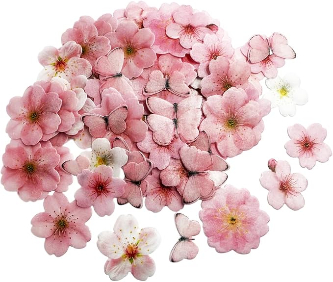 85Pcs Pink Cherry Blossom Flowers & Butterflies Cake Decorations Set – Cupcake Toppers, Birthday Decor – Edible Rice Wafer DIY Dessert for Baby Shower, Wedding (Pink Cherry Blossom butterfly) by Kuting