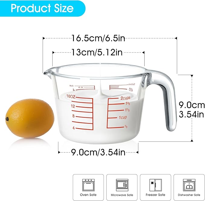 NUTRIUPS High Borosilicate Glass 2 CUP Measuring Cup, Glass Measuring Beaker with Multiple Measurement Scales, Easy to Read (2 CUP)