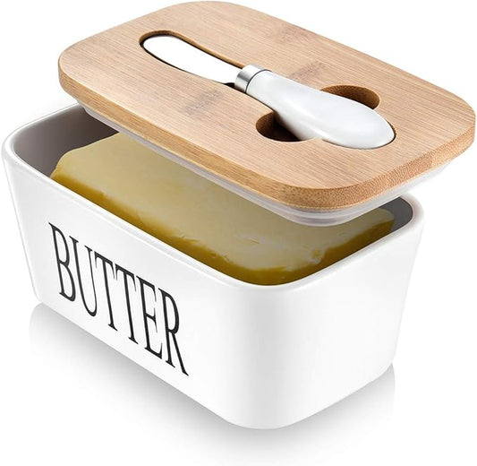Ceramic Butter Dish with Lid and Knife & Silicone Seal for Countertop White | Suitable Capacity, Great Sealing, Home Decor Kitchen Gift Housewarming Gift by AISBUGUR