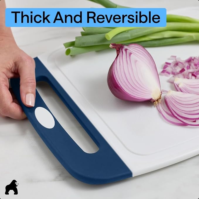 GORILLA GRIP BPA-Free Reversible Kitchen Cutting Board Set of 3, US Designed, Nonporous, Juice Grooves Catch Liquid, Slip Resistant Border, Dishwasher Safe Large Food Chopping Boards, Red Blue Green - Image 7