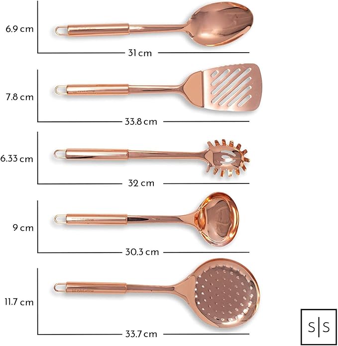 Styled Settings Copper Kitchen Utensils Set, 5-Piece | Copper Kitchen Accessories Includes Stainless Steel Ladle, Spoon, Pasta Fork, Spatula, and Skimmer - Unique Kitchen Gifts - Image 7
