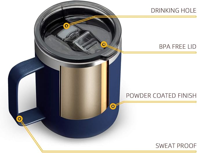 12 oz Insulated Travel Coffee Mug with Handle, Navy | Stainless Steel Coffee Tumbler with Lid, Double Wall Vacuum Thermal Cup for camping - Image 5