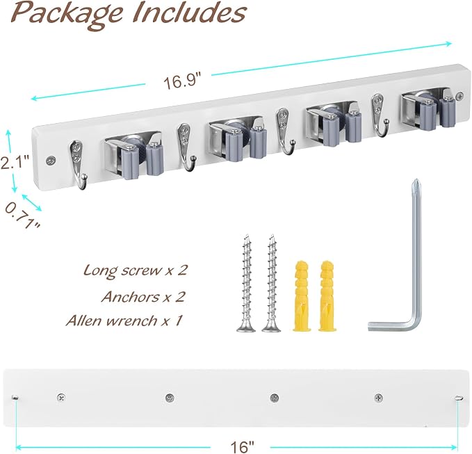 OUTNILI 2 Pack Mop Broom Holder Wall Mount - White Wood Broom Mop Hanger - Wall Mounted Garden Tool Rack Organizer for Closet Garage Laundry Room, 4 Slots & 4 Hooks - Image 6