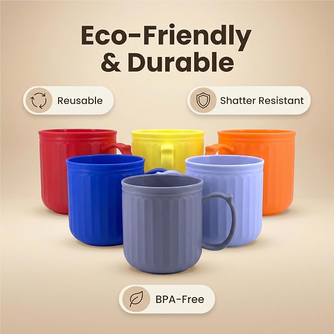 Plastic Coffee Mug with Handle set of 6, 13 oz Iced-Tea Cup Rainbow | BPA Free Reusable Food Grade PP, Unbreakable, Dishwasher Safe, Lightweight, Elderly Kid Safe, Kitchen Party Camping Outdoor - Image 2