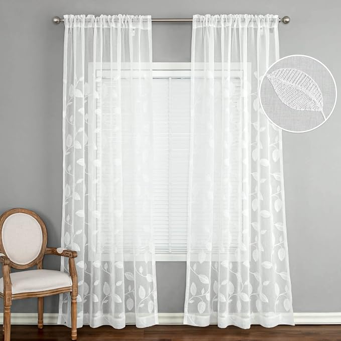 Semi-Sheer Elegant Embroidered Solid White Rod Pocket Window Curtains/Drape/Panels/Treatment 42 x 63,Two Panels | Soft Airy Texture, Soft Daylight Glow, Rod Pocket Design, for Living and Dining Room by VOGOL
