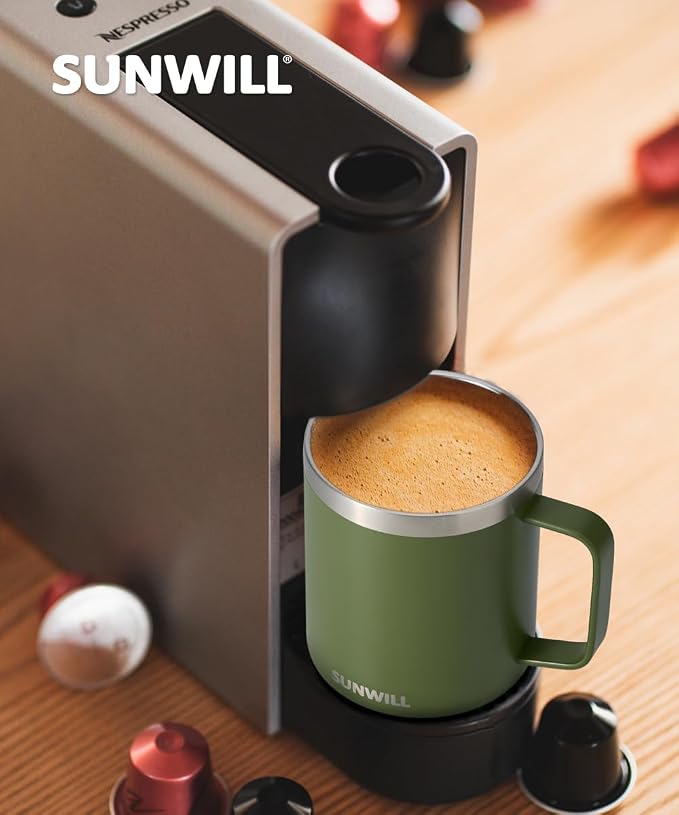 SUNWILL Travel Coffee Mug with Lid, Insulated Tumbler with Handle, 14 oz Stainless Steel Cup for Camping, Office, Home, Powder Coated Olive - Image 6