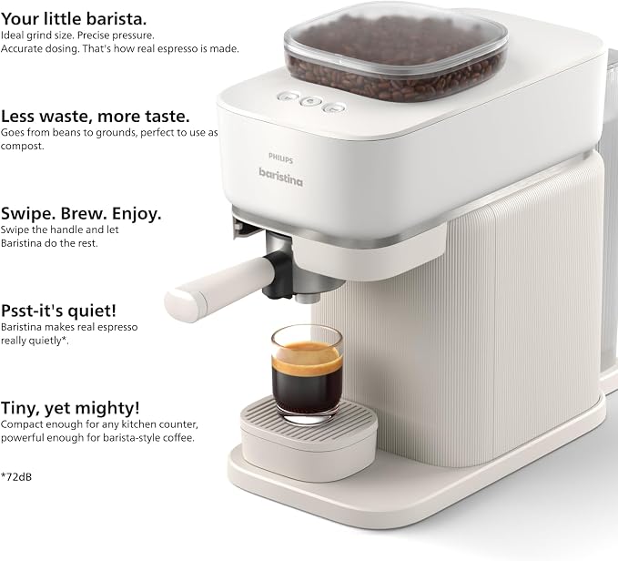 Philips Baristina Espresso Machine+Milk Frother Bundle. Real espresso. Compact coffee machine,portafilter, grinder, Cafe Crema. Dairy & Non-Dairy Milk foam​. Hot & Cold. Easy Clean. White (BAR303/00) - Image 12