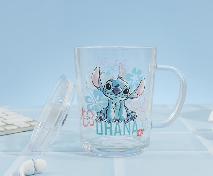 Disney Lilo & Stitch Ohana Glass Mug With Lid | Holds 14 Ounces