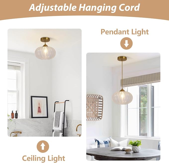 KCO Lighting Clear Ribbed Glass Pendant Light Vintage Brass Gold Pendant Lighting Large Globe Pendant Lights Kitchen Island Mid Century Modern Hanging Light for Living Room - Image 3