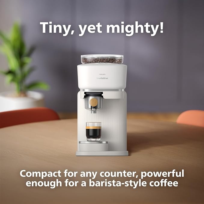 PHILIPS Baristina Espresso Machine, Grind, Tamp & Brew Coffee Beans in One Swipe, Compact, 16 Bar Pump Pressure, Automatic Grinder, Natural White with Ash Wood Portafilter (BAR302/20) - Image 6