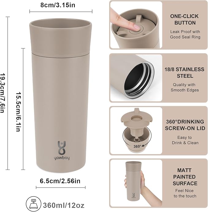 Travel Coffee Mug with 360°Lid, Travel Coffee Tumbler 12 oz Leak Proof, Stainless Steel Insulated Travel Mugs for Hot and Cold Spill Proof Leak Proof(Taupe) - Image 5