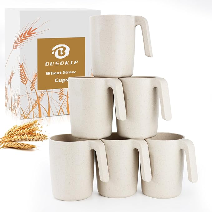 Coffee Mugs Set of 6, Wheat Straw Cups 16 oz, Resuable Plastic Coffee Cups With Handle, Unbreakable & Stackable Kitchen Cup, Microwave safe Drinking Glasses for Tea, Juice and Water - Beige by BUSOKIP