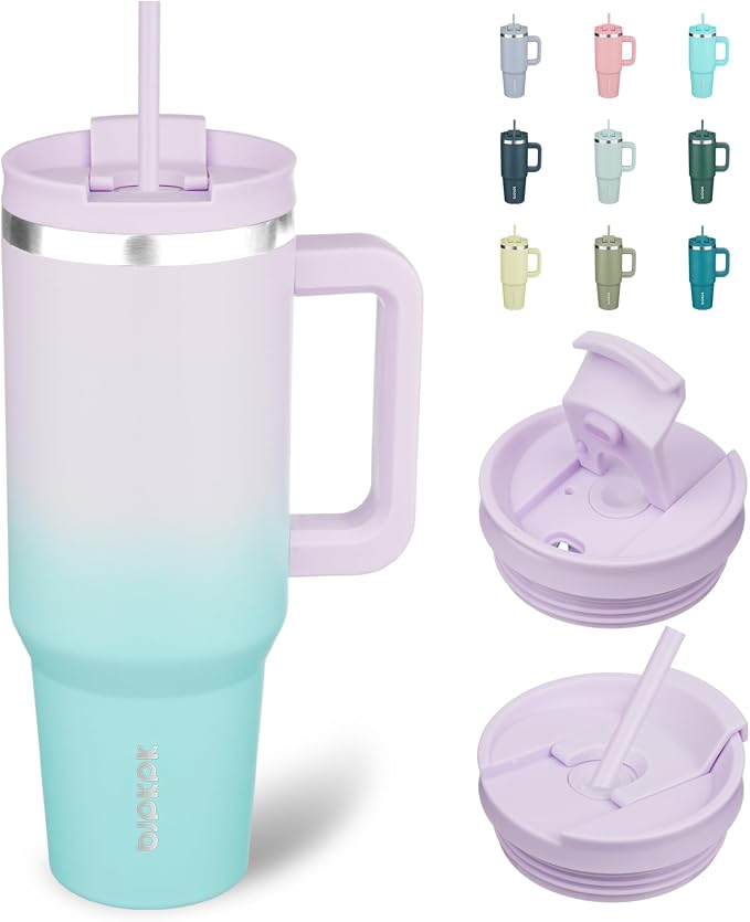 BJPKPK 40 oz Insulated Tumbler with Handle & Straw, Stainless Steel | Double Wall Vacuum Insulation, Leak Proof, BPA Free, Dishwasher Safe, Cupholder Friendly, Travel & Outdoor, Lavender Green by BJPKPK