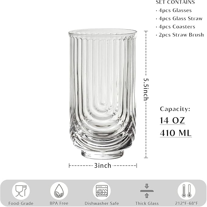 Vintage Glassware Arch Design Glass cups Set of 4, Fashioned Ripple Glassware Highball Glass, Classic Transparent Cocktail Glasses, for Bar Beverages Ice Coffee Juice Water (4pcs-L) - Image 2