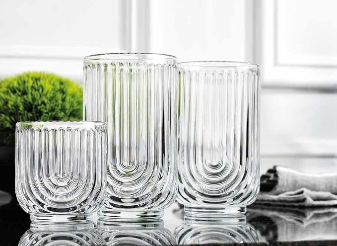 Glaver's 8-Piece Drinking Glass Set, Art Deco Ribbed Arch Glassware, Clear U-Shape Design, 17oz Highball and 11oz DOF Glasses Kitchen Glasses - Image 4