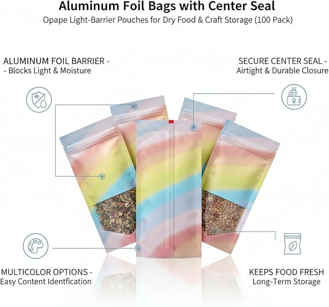 Pantry & Craft Organization: Multicolor Aluminum Foil Center Seal Bags for Dry Item Storage, Opaque Pouches (100 Count) - Image 5