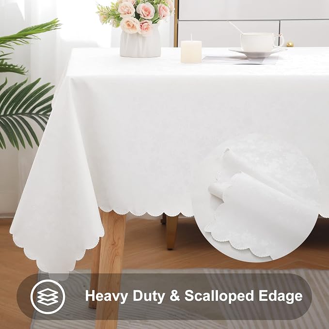 Smiry Rectangle Waterproof Heavy Duty Vinyl Tablecloths, 70 x 120 Inch | Wipeable Washable Floral Embossed Table Cover for Kitchen and Dining Room, Indoor & Outdoor Use, White - Image 5