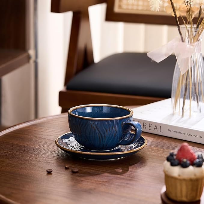 Coffeezone Vintage Design 12 oz Ceramic Latte Art Cappuccino Barista Cup with Saucer (Wave Blue) - Image 6