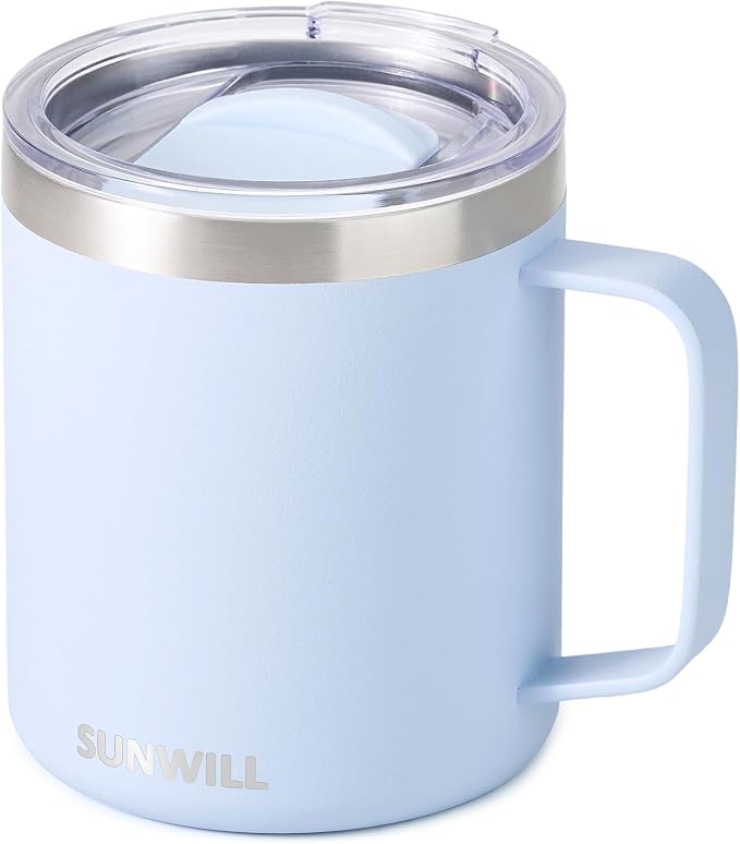 SUNWILL Insulated Coffee Mug with Lid, Travel Tumbler with Handle, 14 oz Stainless Steel Cup for Camping, Office, Home, Powder Coated Iceberg by SUNWILL