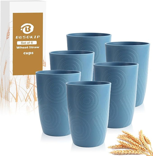16oz Plastic Drinking Glasses, Wheat Straw Cups Set of 6 - Unbreakable & Stackable Kitchen Cups, Reusable Plastic Cups, Dishwasher Safe Water Tumbler for Party, Camping - Blue by BUSOKIP