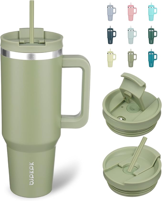BJPKPK 40 oz Insulated Tumbler with Handle & Straw, Stainless Steel | Double Wall Vacuum Insulation, Leak Proof, BPA Free, Dishwasher Safe, Cupholder Friendly, Travel & Outdoor, Sage by BJPKPK