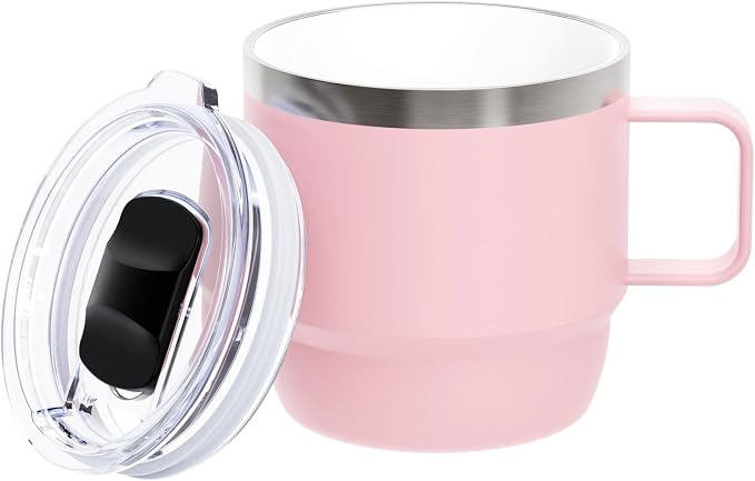 Zenbo 8 oz Small Coffee Mug with Magnetic Sliding Lid & Handle, Ceramic-Lined 18/8 Stainless Steel, Double-Wall Vacuum Insulated Espresso Coffee Cup, Stackable & Dishwasher Safe, Pink by Zenbo