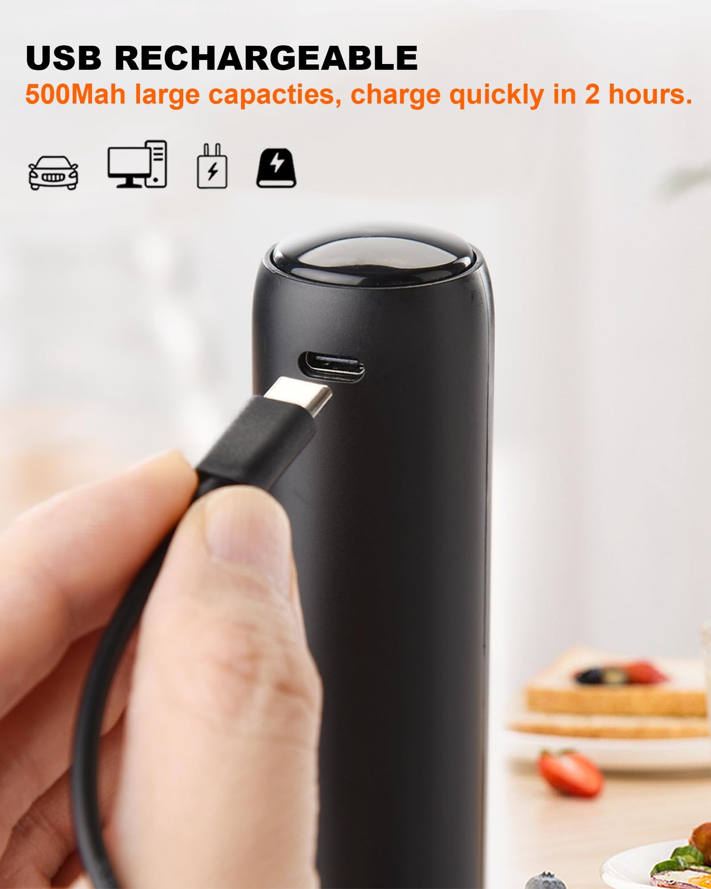 Rechargeable 3-Speed Milk Frother Wand (Black)