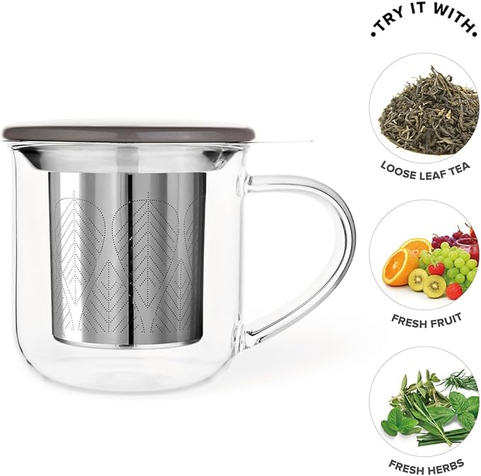 VIVA Minima Eva Glass Tea Cup with Mesh Infuser - Coffee Mug With Porcelain Lid/Saucer - 14 oz / 400 ml, Wool