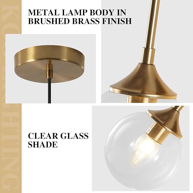 KCO Lighting Brass Gold Small 7.1” Clear Bubble Glass Globe Pendant Light | E26 Base, Sloped Ceiling, Mid Century Modern Adjustable Hanging Ceiling Lamp for Kitchen Island Sink Dining Table Bedroom Bar - Image 3