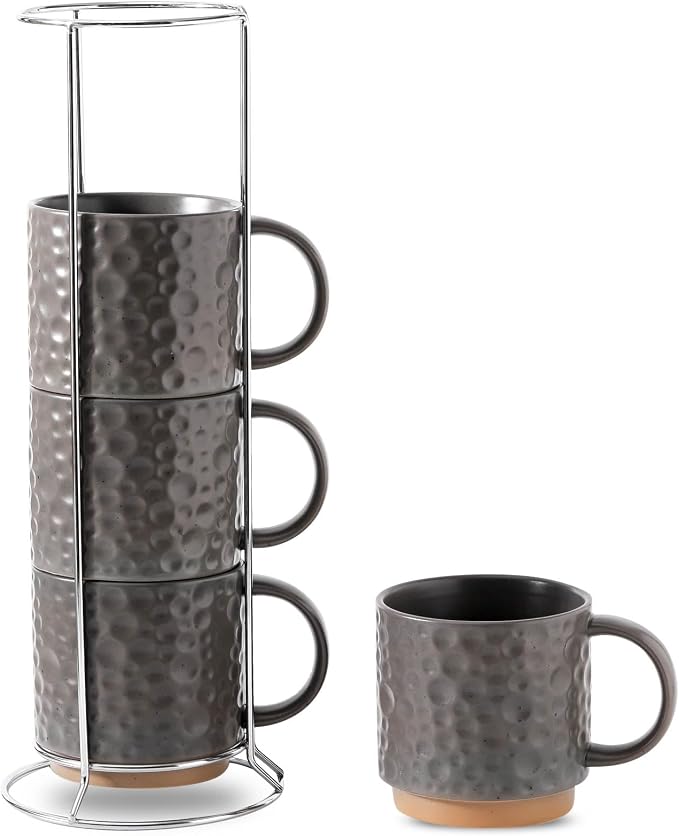 Nihow 16 Oz Ceramic Coffee Mug Set of 4 with Stackable Stand,Matte Gray | Stackable, Stainless Stand Included, Cappuccino & Tea, Hot/Cold Drinks, Dishwasher & Microwave Safe by Nihow