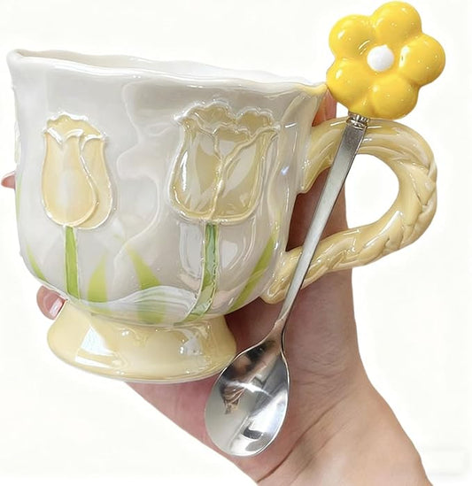 DTIUYIOP-Ceramic Coffee Mug 14oz/410ml Yellow Cute Flower with Spoon | novelty coffee mug, Tulip Shaped Floral,Girly Mug with Handle, Breakfast Milk Oatmeal Cup, cute mugs for women by Unknown