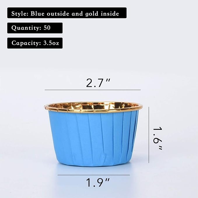 Party Hippo Cupcake Cups, 3.5 Oz 50 pcs Disposable Foil Muffin Liners, Gold Baking Cups, Ramekin Aluminum Cupcake Tip Pan Ramekin Holders, Little Baking Cups (50, Blue) - Image 2