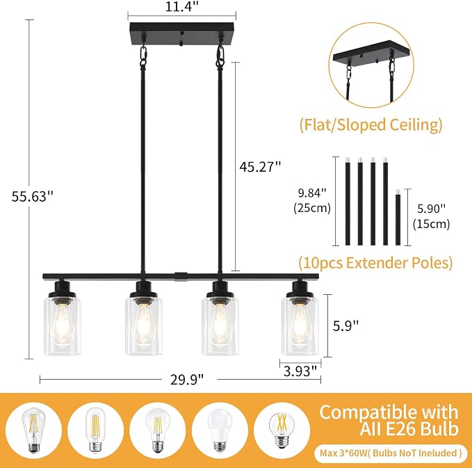 Modern Island Lights for Kitchen Black Dining Room Light Fixtures | 30'' Linear Chandelier Over Table, 4-Light Farmhouse Kitchen Island Lighting Clear Glass Shades, Adjustable Height - Image 5