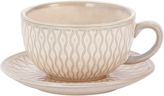 Coffeezone Vintage Design 12 oz Ceramic Latte Art Cappuccino Barista Cup with Saucer (Embossed Beige) by Coffeezone