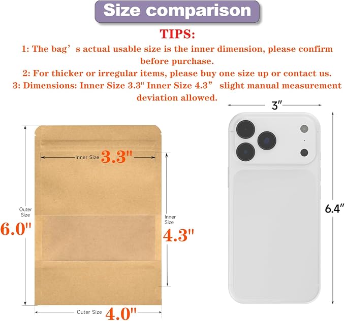 Kraft Paper Bags with Transparent Window, Stand Up Pouches Smell Proof Bags | 50 Pcs 4x6 Inch Resealable Bags for Small Business, Zipper. Food Storage, for Packaging Snacks Cookies Candy - Image 2