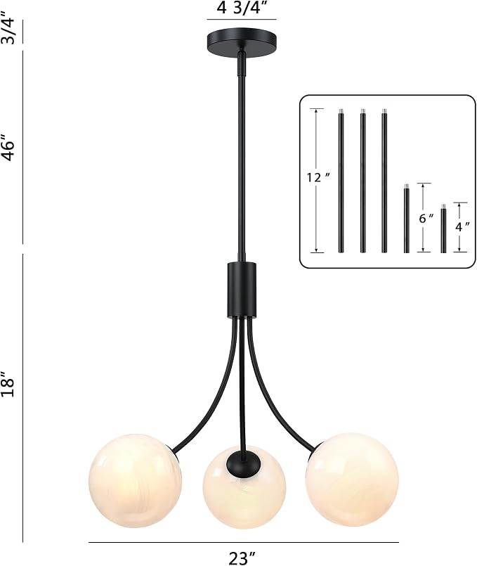 Bubble Chandelier, Modern Glass Black Sputnik Chandelier 3-Light Ceiling Light Fixture Shades Stylish Bright Lighting for Dining Room Kitchen Bedroom Living Room Foyer Home Decor - Image 3