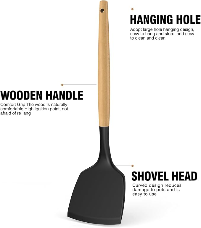 oannao Silicone Cooking Utensils Set Utensil Sets - 446°F Heat Resistant Silicone Kitchen Utensils Set Wooden Handles, Silicone Utensils for Cooking w Holder for Non-Stick Cookware BPA FREE (Black) - Image 7