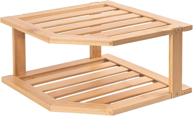 VERTORGAN 2 Tier Bamboo Plate Organizer,Corner Shelf for Kitchen | Pantry Storage,Dish Rack,Spice Rack,Corner Organizer,Kitchen Counter Shelves,Kitchen Storage,Holds Plates by VERTORGAN