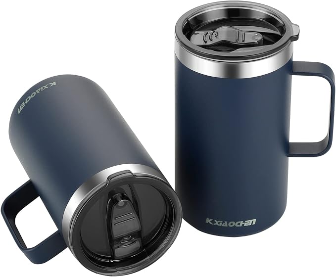 KXIAOCHEN 2-Pack 20 oz Insulated Coffee Mugs, Coffee Cups with Wide Handles | 18/8 stainless steel, sliding lids, 6+ hours hot or 12+ hours cold, wide mouth, no-sweat, for office, home, camping and gifts by KXIAOCHEN