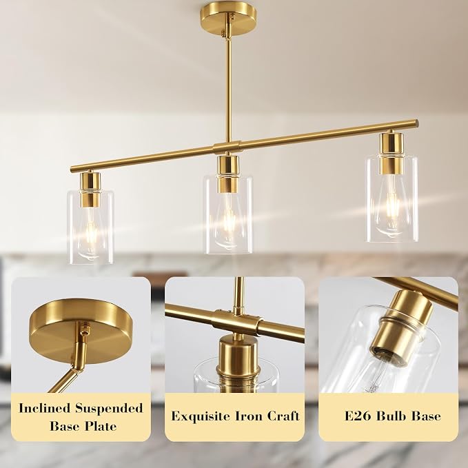 Kitchen Island Lighting, Linear Chandeliers Rectangle Pendant Light Fixtures for Dining Room Farmhouse Hanging Light with Glass Shades (Gold, 3 Lights) - Image 4